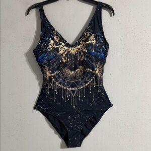 NWT Johnny Was Ornate Navy One-Piece Swimsuit with Gold & Blue Print